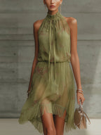 Ondina | Vestido Mini de Chiffon Verde Floral que Realza la Silueta
