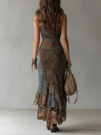 Elena - Vestido Largo Asimétrico Estampado Estilo Étnico con Abertura Alta