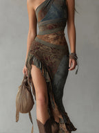 Elena - Vestido Largo Asimétrico Estampado Estilo Étnico con Abertura Alta