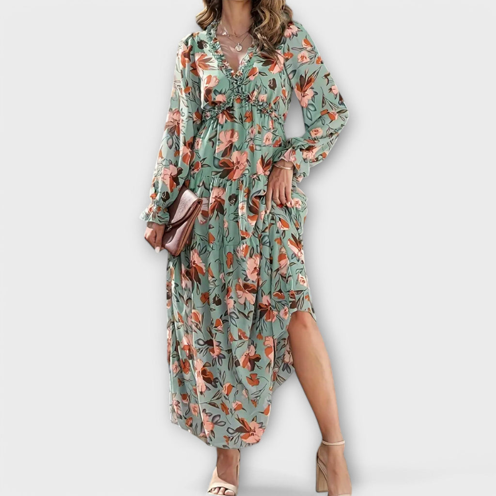 Aldona | Vestido Maxi Floral con Escote V y Tejido Plisado