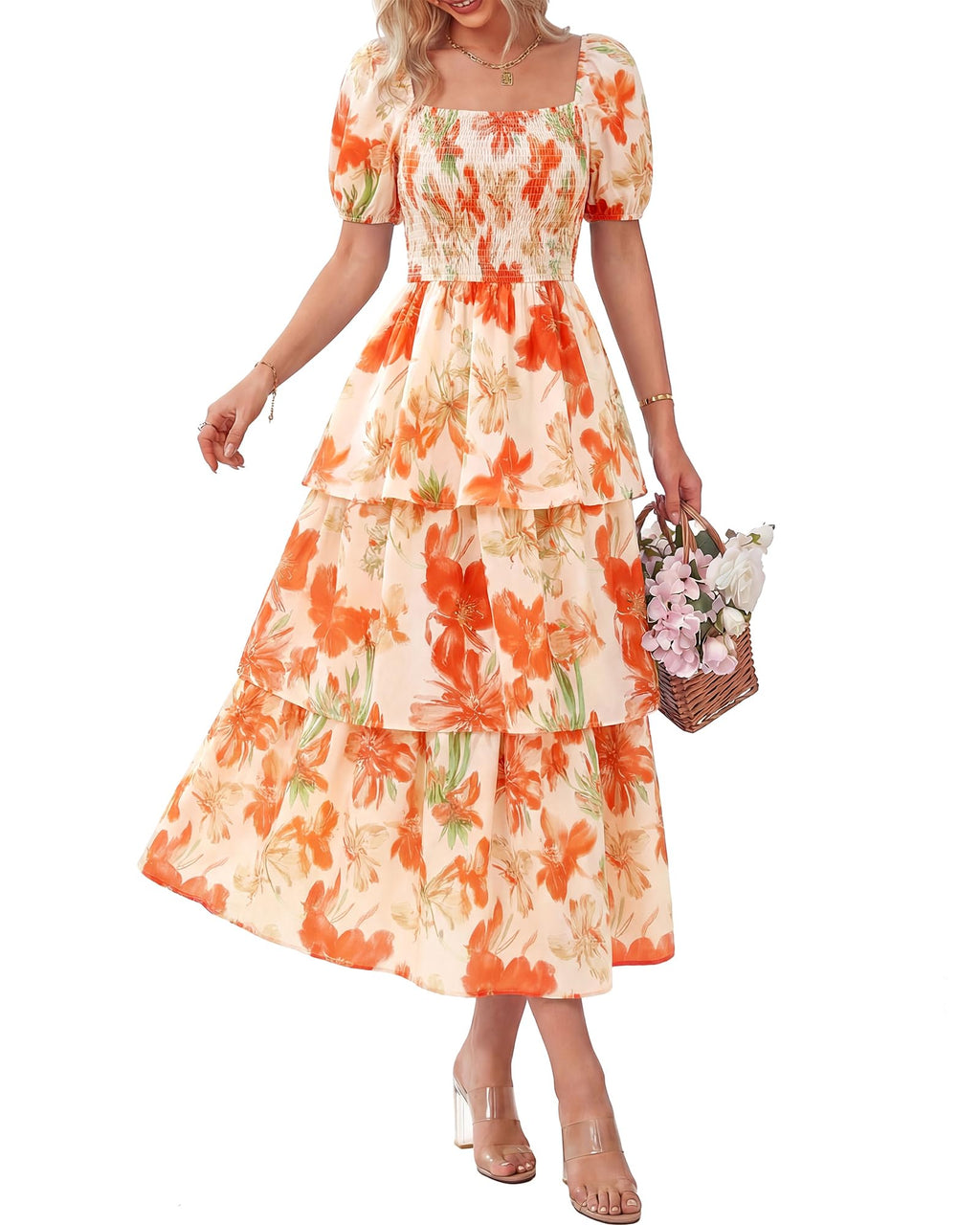 Vestido Midi Floral Rosalie con Fruncido — Vestido de Verano con Cuello Cuadrado y Mangas Abullonadas para Mujeres