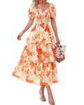 Vestido Midi Floral Rosalie con Fruncido — Vestido de Verano con Cuello Cuadrado y Mangas Abullonadas para Mujeres