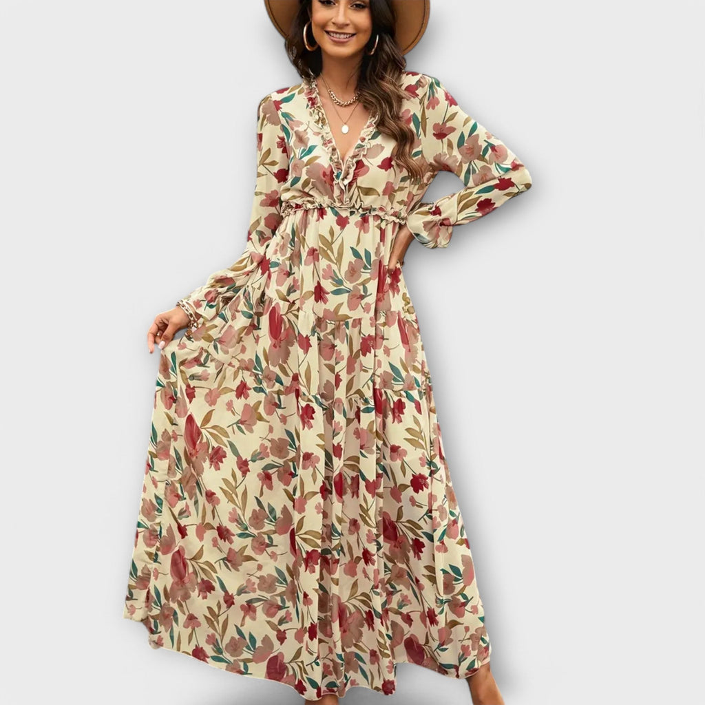 Aldona | Vestido Maxi Floral con Escote V y Tejido Plisado