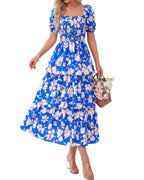 Vestido Midi Floral Rosalie con Fruncido — Vestido de Verano con Cuello Cuadrado y Mangas Abullonadas para Mujeres