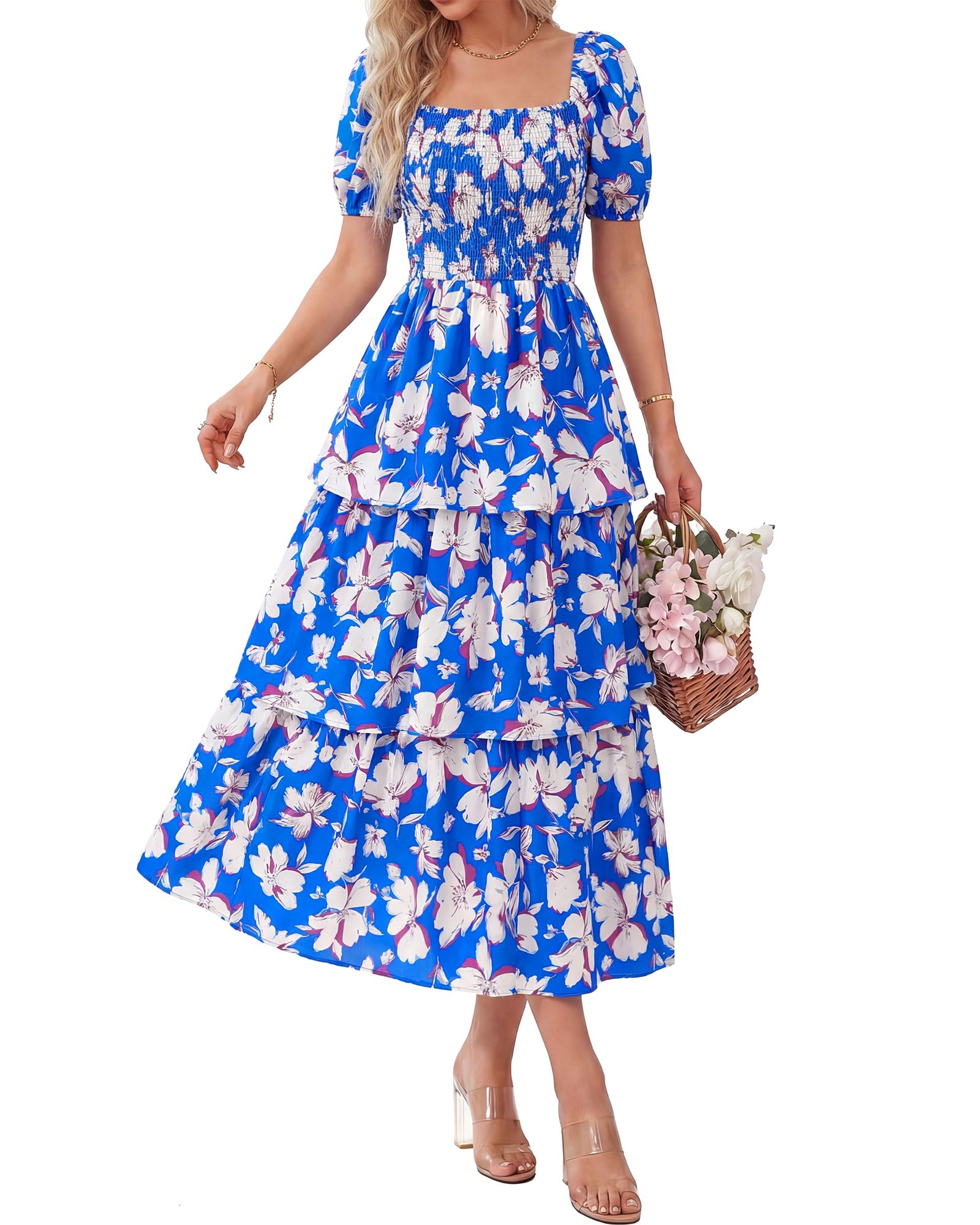 Vestido Midi Floral Rosalie con Fruncido — Vestido de Verano con Cuello Cuadrado y Mangas Abullonadas para Mujeres