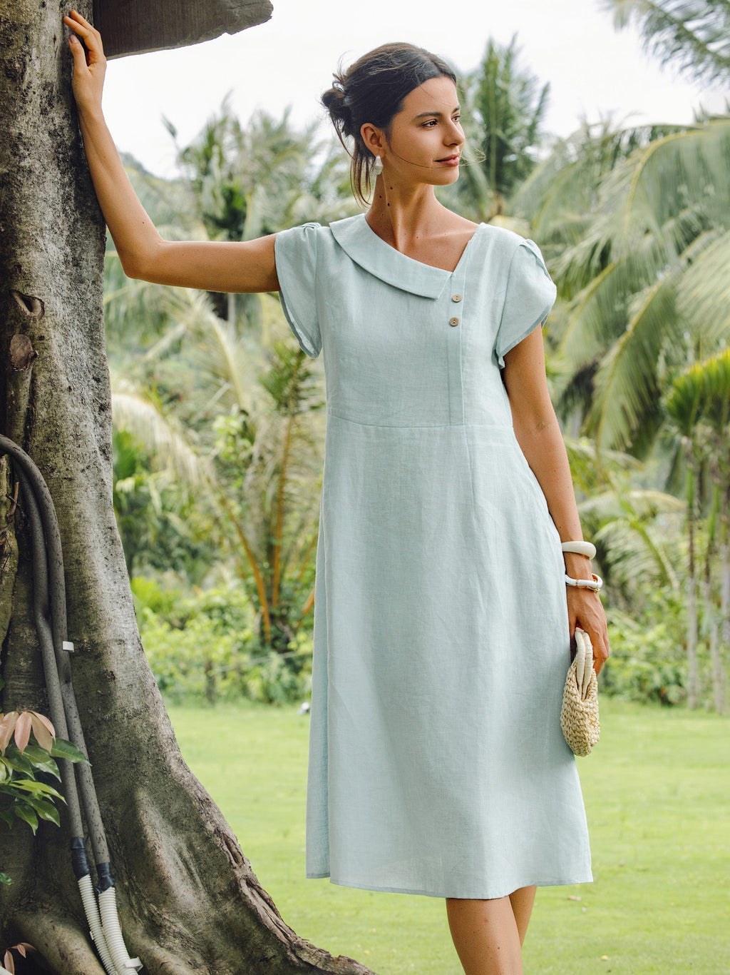 Vestido Midi de Manga Flutter con Cuello Crescent de 100% Lino FIONA