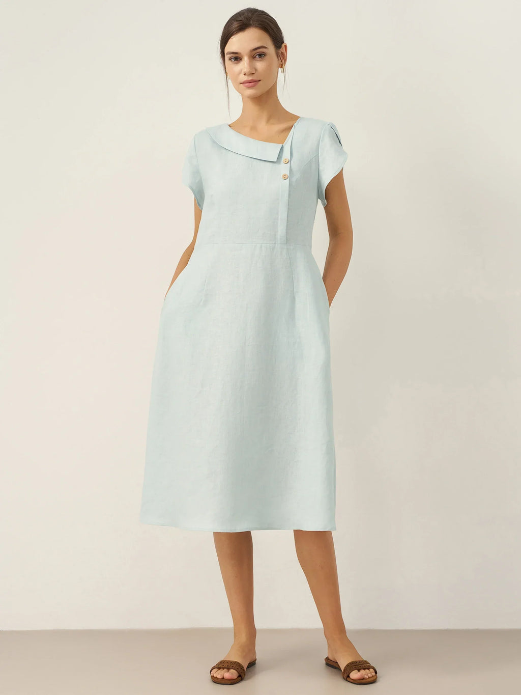 Vestido Midi de Manga Flutter con Cuello Crescent de 100% Lino FIONA