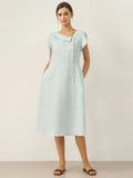 Vestido Midi de Manga Flutter con Cuello Crescent de 100% Lino FIONA