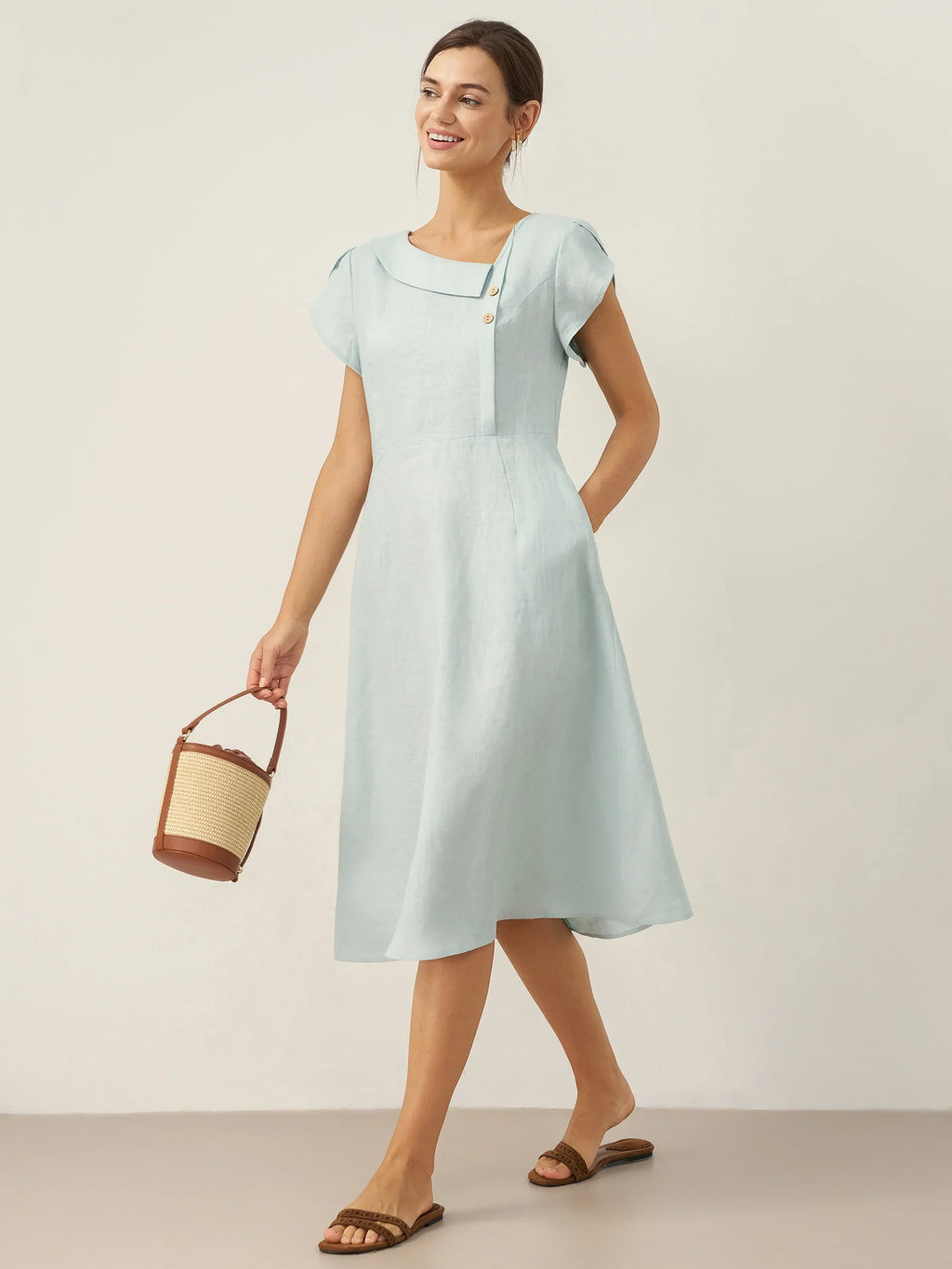 Vestido Midi de Manga Flutter con Cuello Crescent de 100% Lino FIONA