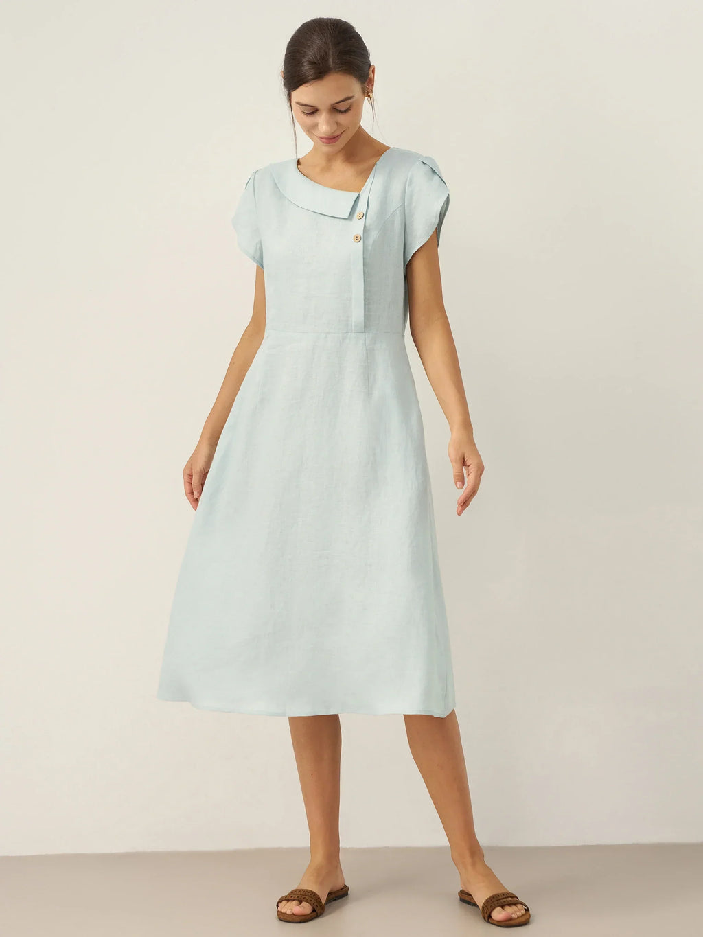 Vestido Midi de Manga Flutter con Cuello Crescent de 100% Lino FIONA