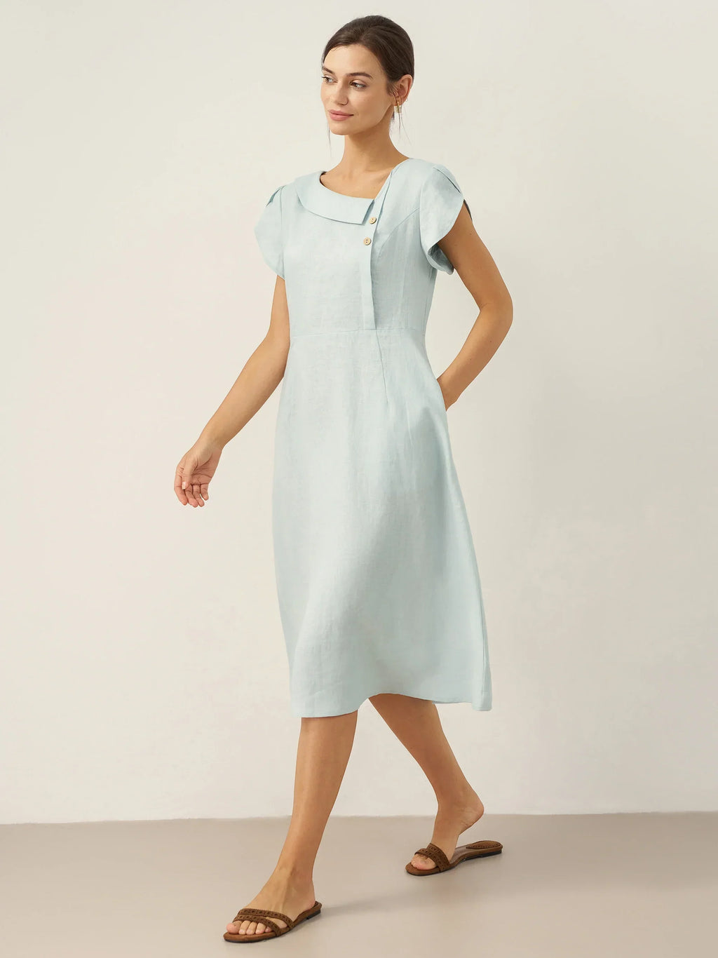 Vestido Midi de Manga Flutter con Cuello Crescent de 100% Lino FIONA