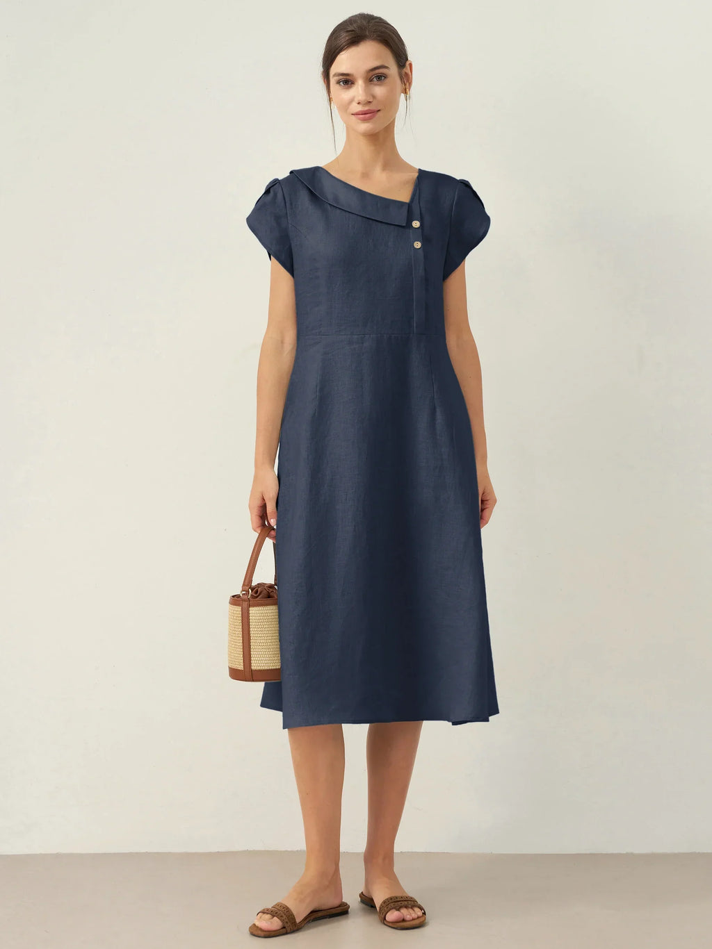Vestido Midi de Manga Flutter con Cuello Crescent de 100% Lino FIONA