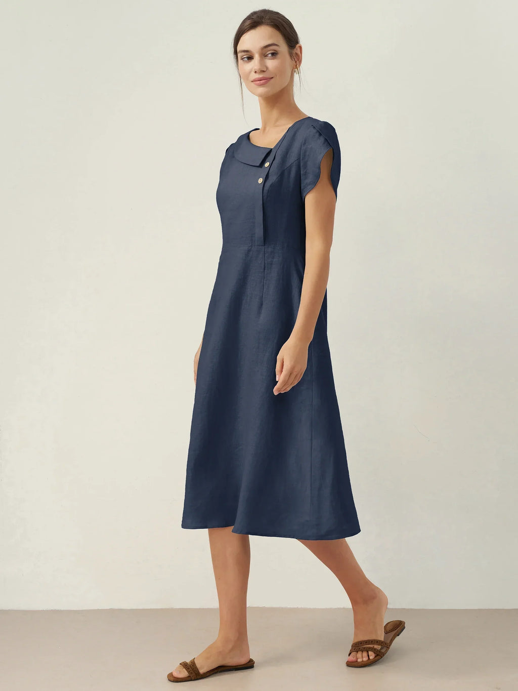 Vestido Midi de Manga Flutter con Cuello Crescent de 100% Lino FIONA