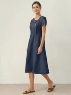 Vestido Midi de Manga Flutter con Cuello Crescent de 100% Lino FIONA