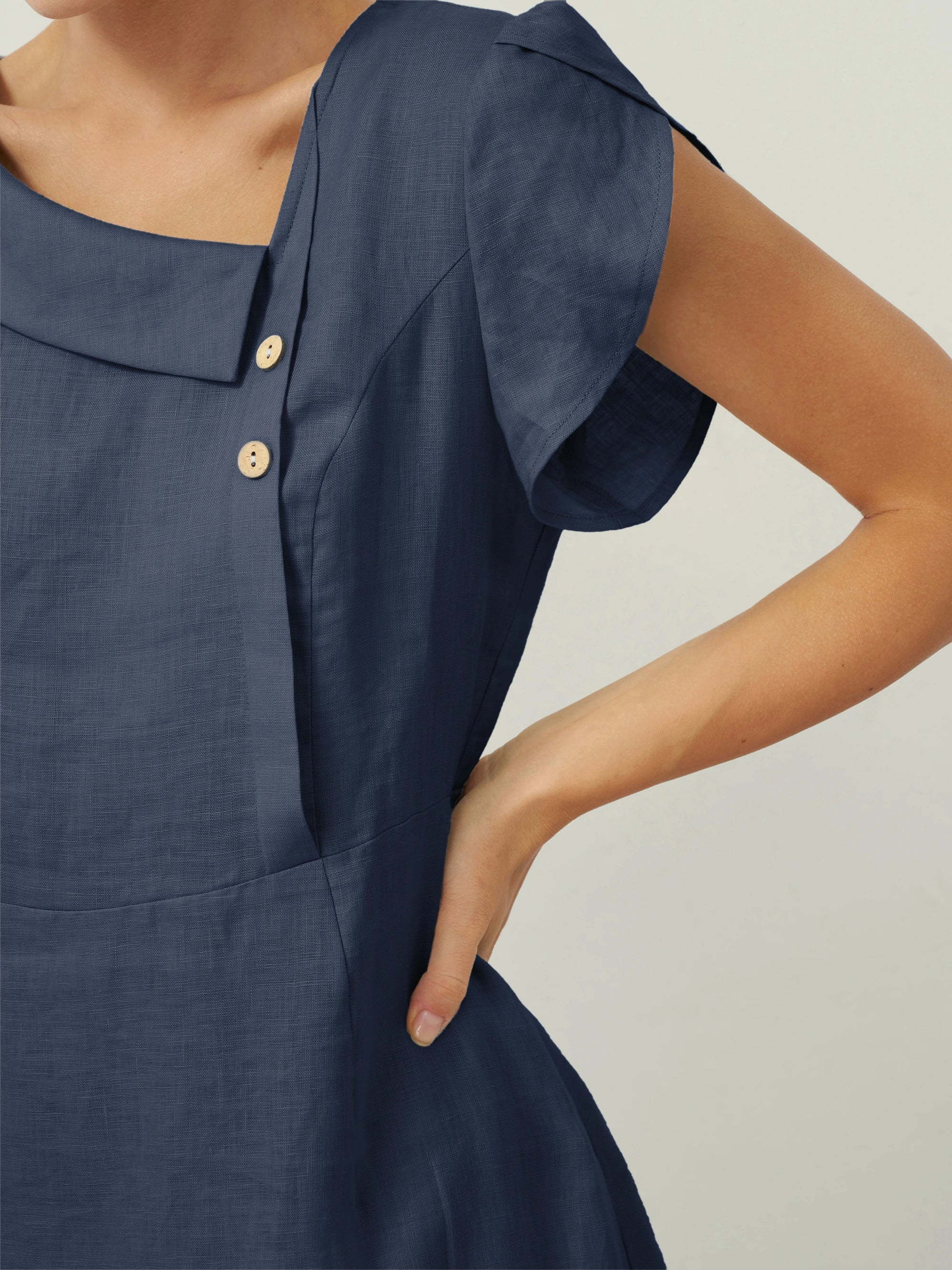 Vestido Midi de Manga Flutter con Cuello Crescent de 100% Lino FIONA