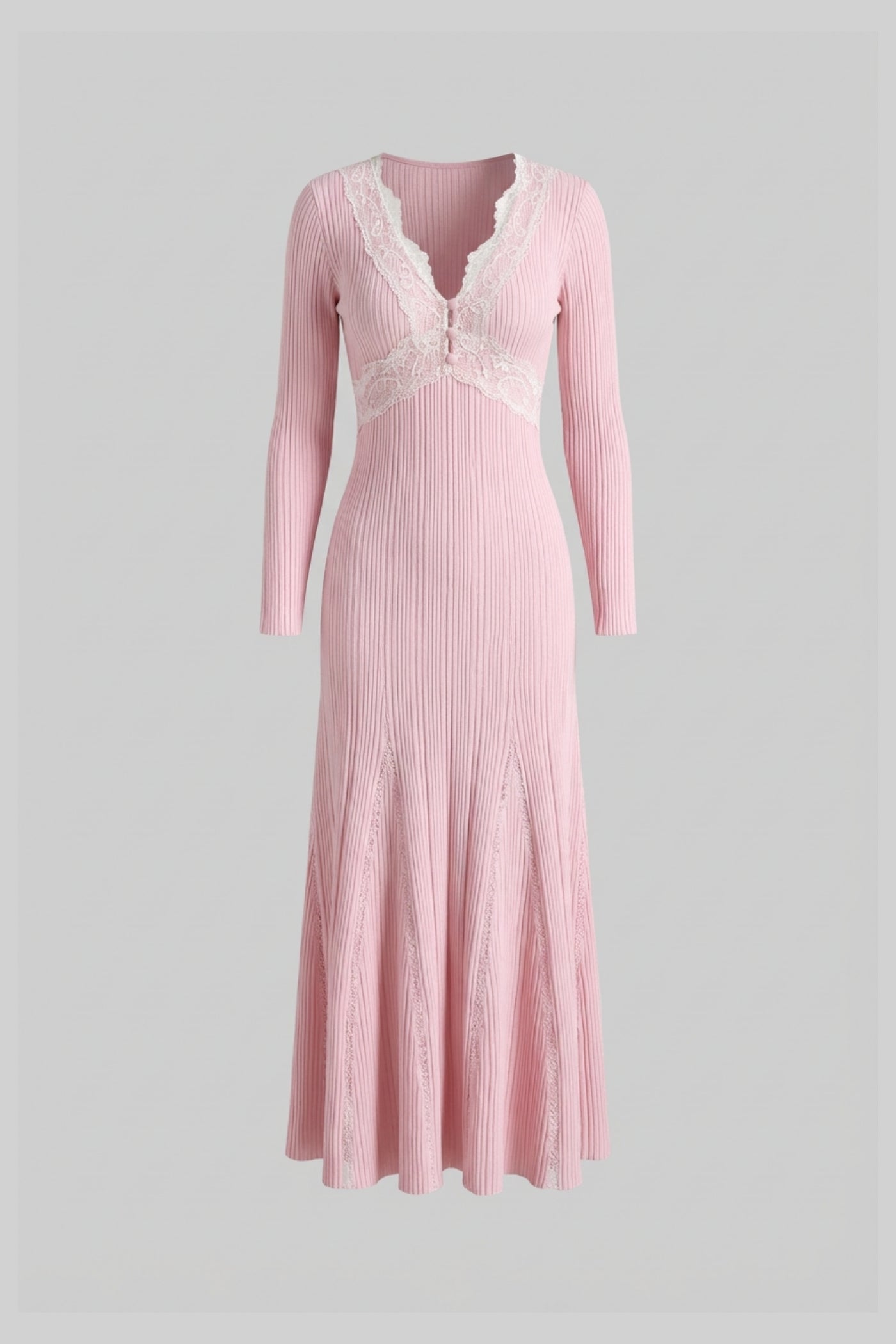 Vestido Midi de Manga Larga Acanalado con Escote en V con Encaje - Rosa Bebé
