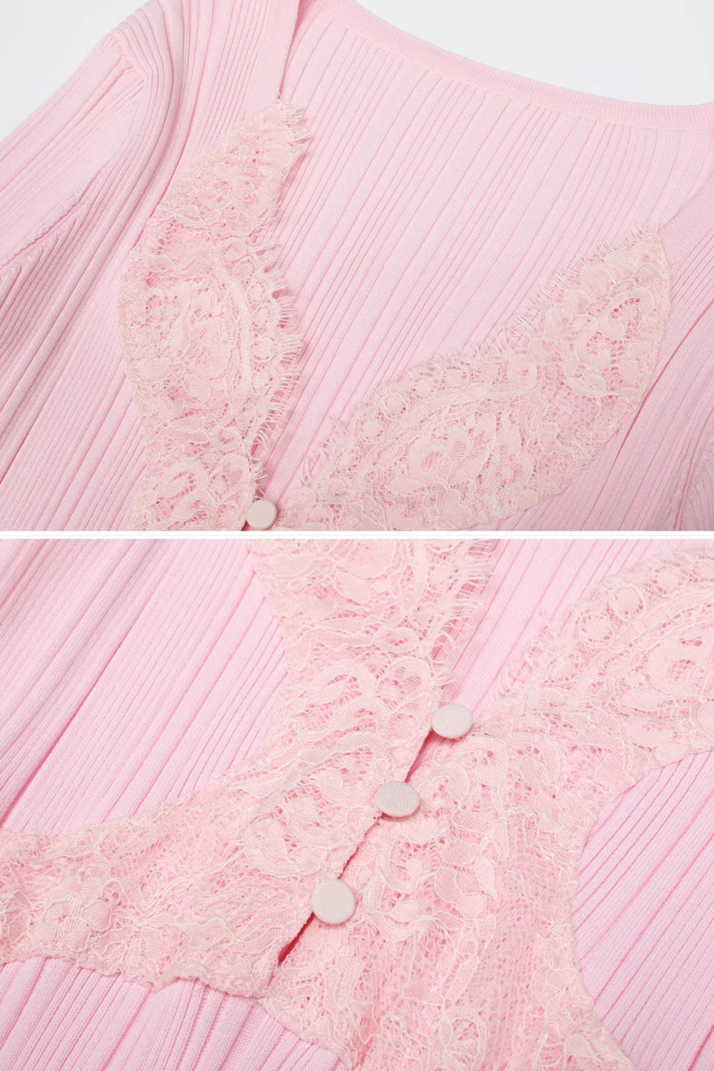 Vestido Midi de Manga Larga Acanalado con Escote en V con Encaje - Rosa Bebé
