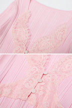 Vestido Midi de Manga Larga Acanalado con Escote en V con Encaje - Rosa Bebé