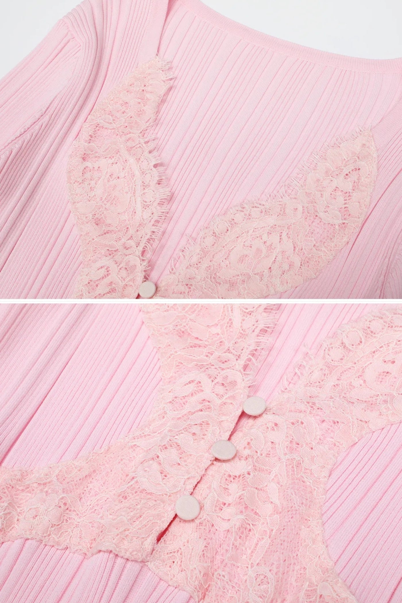 Vestido Midi de Manga Larga Acanalado con Escote en V con Encaje - Rosa Bebé