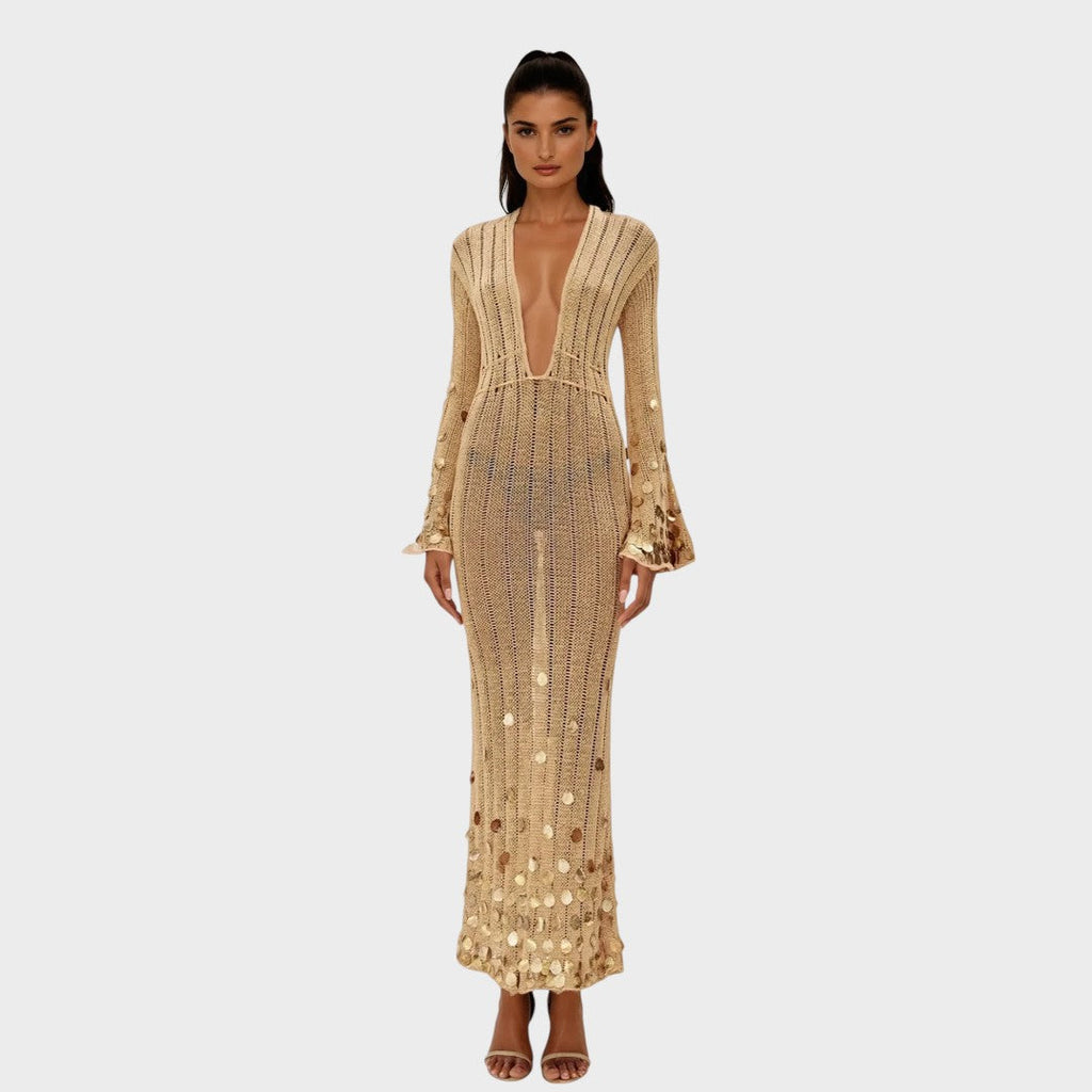 Capri | Elegante Vestido Largo de Crochet Con Detalles Brillantes