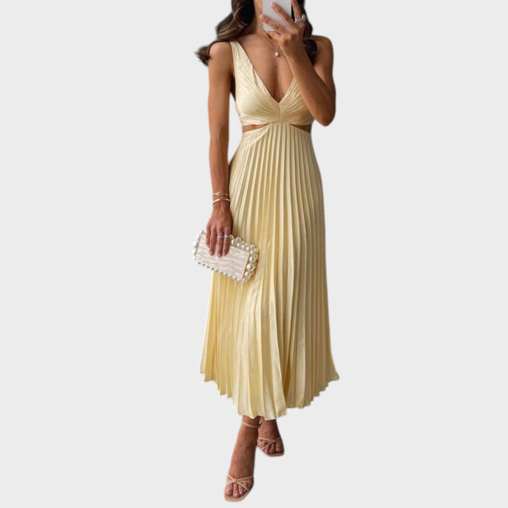 Noa | Vestido Largo Amarillo Plisado Con Cuello En V