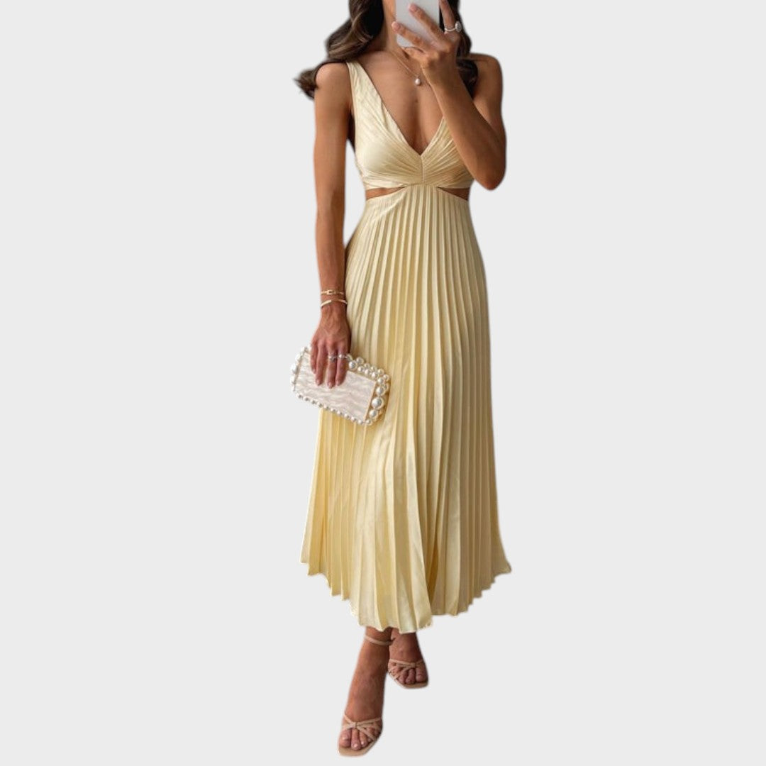 Noa | Vestido Largo Amarillo Plisado Con Cuello En V