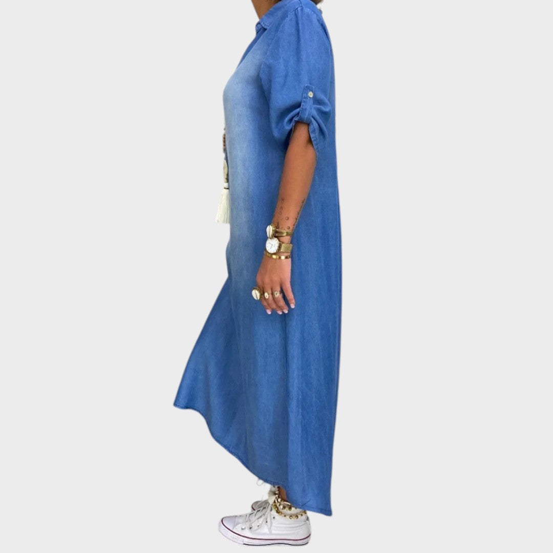 Lea | Vestido Largo Efecto Denim Con Abertura Lateral
