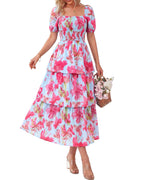 Vestido Midi Floral Rosalie con Fruncido — Vestido de Verano con Cuello Cuadrado y Mangas Abullonadas para Mujeres