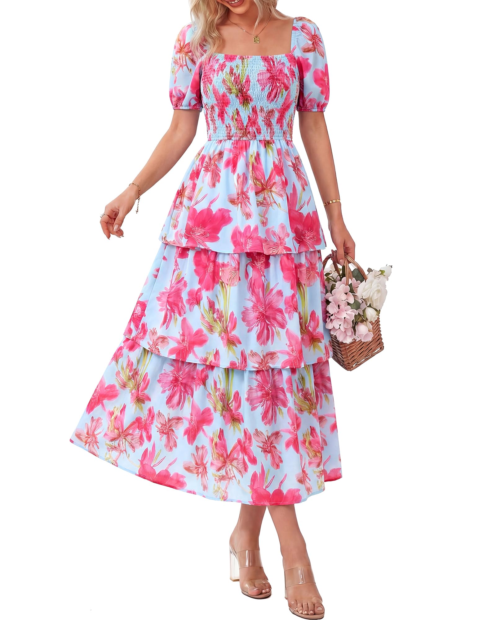 Vestido Midi Floral Rosalie con Fruncido — Vestido de Verano con Cuello Cuadrado y Mangas Abullonadas para Mujeres