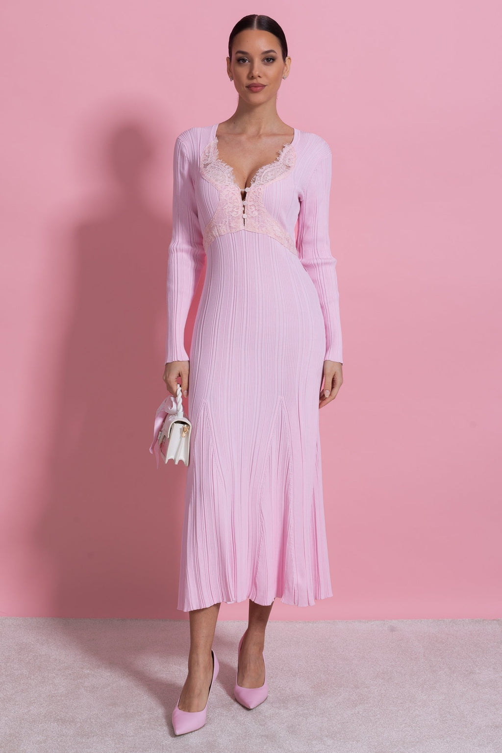 Vestido Midi de Manga Larga Acanalado con Escote en V con Encaje - Rosa Bebé