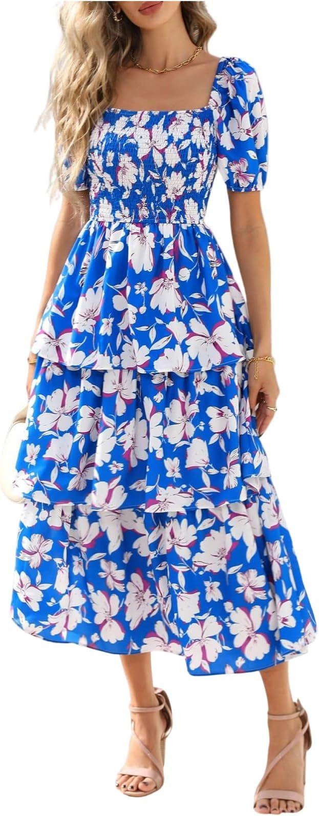 Vestido Midi Floral Rosalie con Fruncido — Vestido de Verano con Cuello Cuadrado y Mangas Abullonadas para Mujeres