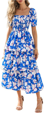 Vestido Midi Floral Rosalie con Fruncido — Vestido de Verano con Cuello Cuadrado y Mangas Abullonadas para Mujeres