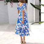 Vestido Midi Floral Rosalie con Fruncido — Vestido de Verano con Cuello Cuadrado y Mangas Abullonadas para Mujeres