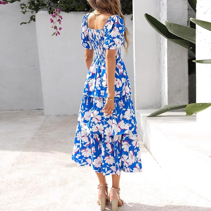 Vestido Midi Floral Rosalie con Fruncido — Vestido de Verano con Cuello Cuadrado y Mangas Abullonadas para Mujeres