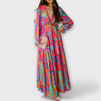 Aldona | Vestido Maxi Floral con Escote V y Tejido Plisado