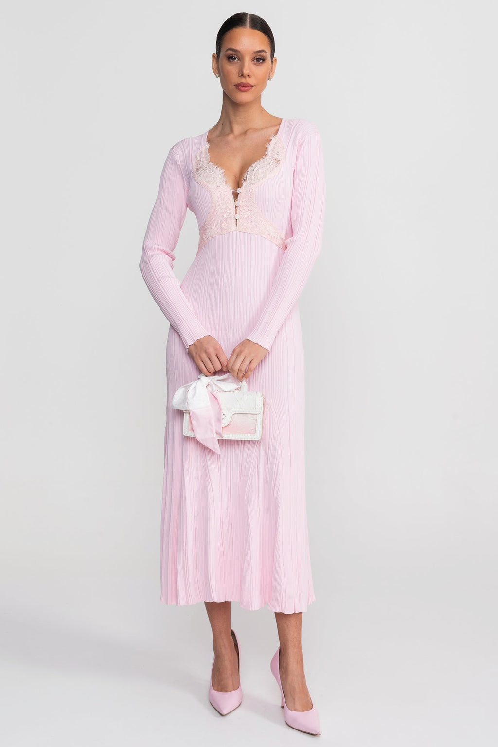 Vestido Midi de Manga Larga Acanalado con Escote en V con Encaje - Rosa Bebé