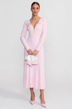 Vestido Midi de Manga Larga Acanalado con Escote en V con Encaje - Rosa Bebé