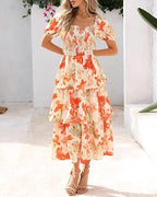 Vestido Midi Floral Rosalie con Fruncido — Vestido de Verano con Cuello Cuadrado y Mangas Abullonadas para Mujeres
