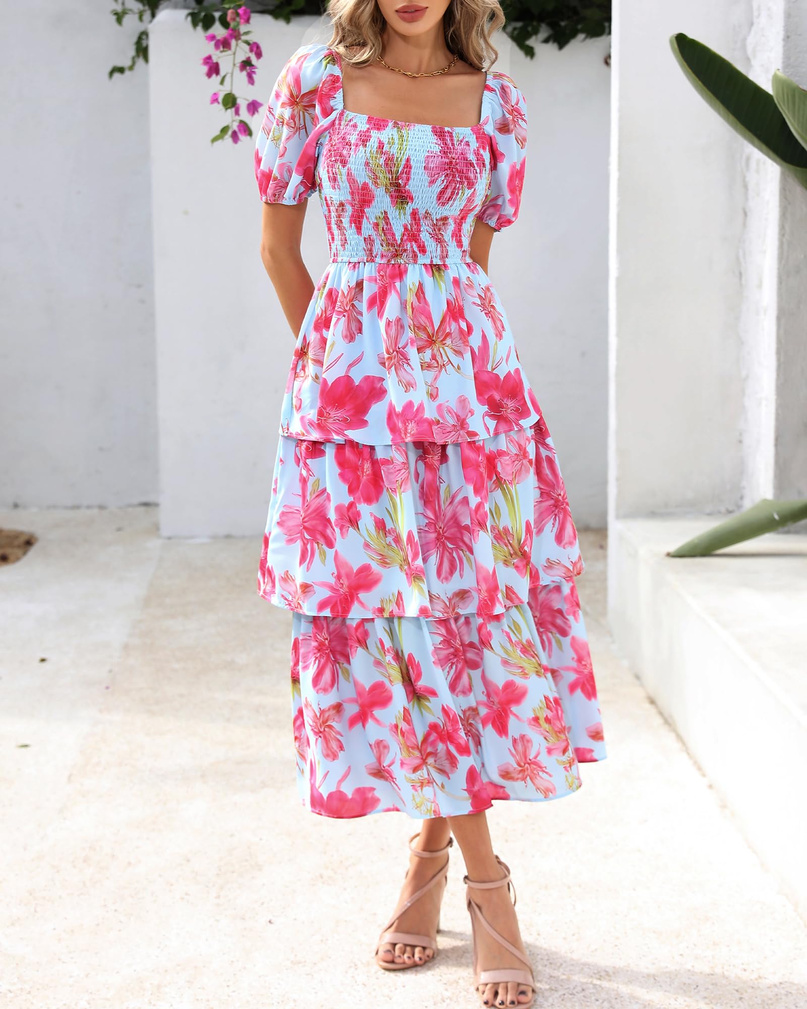 Vestido Midi Floral Rosalie con Fruncido — Vestido de Verano con Cuello Cuadrado y Mangas Abullonadas para Mujeres