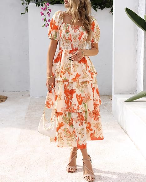 Vestido Midi Floral Rosalie con Fruncido — Vestido de Verano con Cuello Cuadrado y Mangas Abullonadas para Mujeres