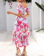 Vestido Midi Floral Rosalie con Fruncido — Vestido de Verano con Cuello Cuadrado y Mangas Abullonadas para Mujeres