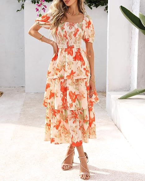 Vestido Midi Floral Rosalie con Fruncido — Vestido de Verano con Cuello Cuadrado y Mangas Abullonadas para Mujeres