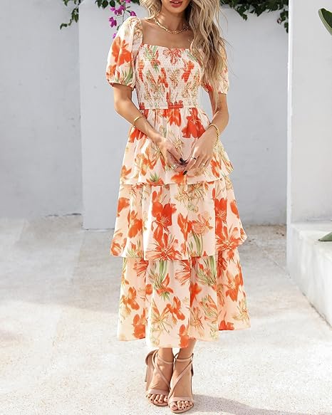 Vestido Midi Floral Rosalie con Fruncido — Vestido de Verano con Cuello Cuadrado y Mangas Abullonadas para Mujeres