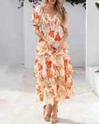 Vestido Midi Floral Rosalie con Fruncido — Vestido de Verano con Cuello Cuadrado y Mangas Abullonadas para Mujeres
