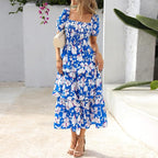 Vestido Midi Floral Rosalie con Fruncido — Vestido de Verano con Cuello Cuadrado y Mangas Abullonadas para Mujeres
