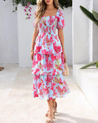 Vestido Midi Floral Rosalie con Fruncido — Vestido de Verano con Cuello Cuadrado y Mangas Abullonadas para Mujeres