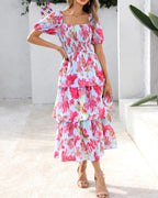 Vestido Midi Floral Rosalie con Fruncido — Vestido de Verano con Cuello Cuadrado y Mangas Abullonadas para Mujeres