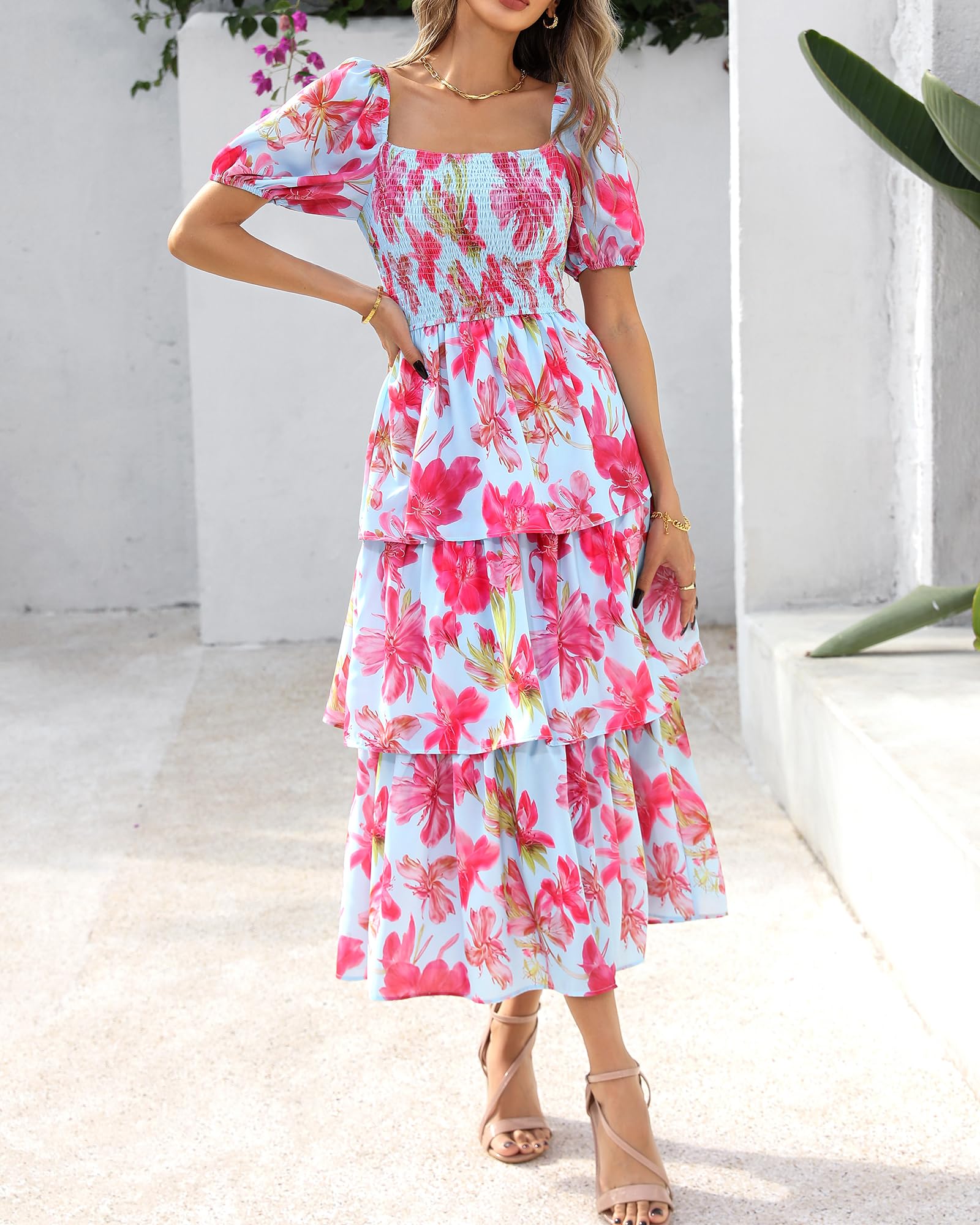 Vestido Midi Floral Rosalie con Fruncido — Vestido de Verano con Cuello Cuadrado y Mangas Abullonadas para Mujeres