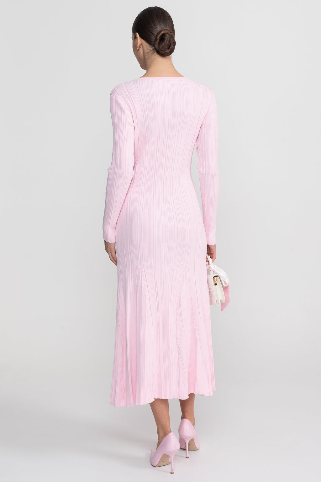 Vestido Midi de Manga Larga Acanalado con Escote en V con Encaje - Rosa Bebé