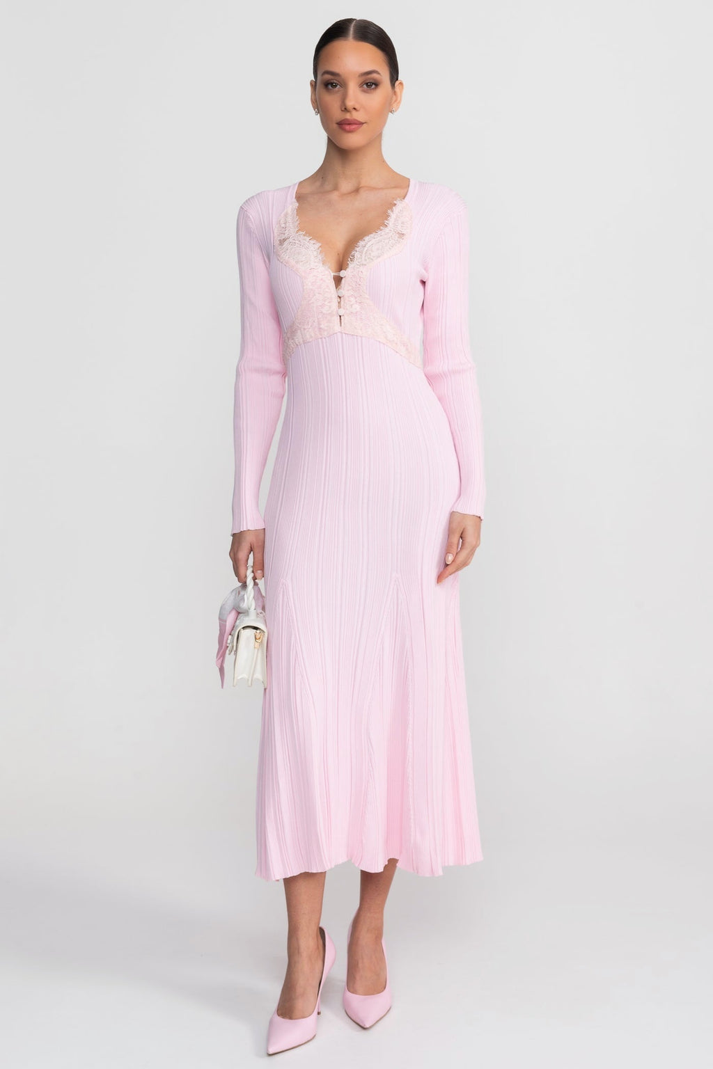Vestido Midi de Manga Larga Acanalado con Escote en V con Encaje - Rosa Bebé
